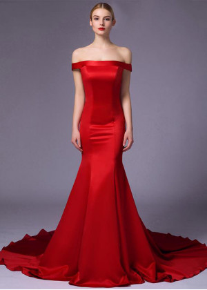Off Shoulder Red Satin Simple Evening Dress